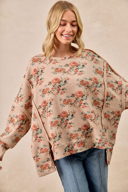 BiBi OVERSIZED Floral Print Waffle Knit Top in Taupe