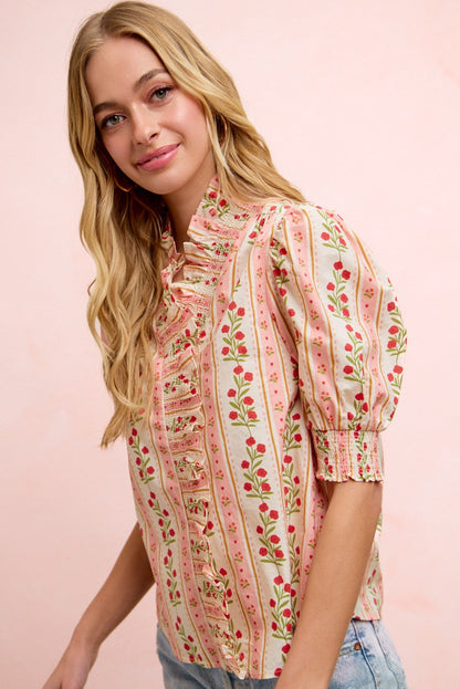 BiBi Floral Printed Ruffled Puff Sleeve Top in Red