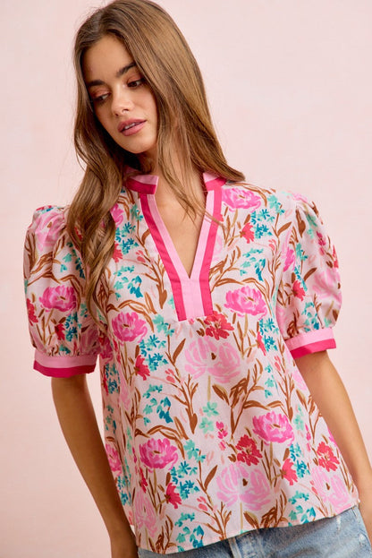 BiBi Woven Flower Print Top with Contrasting Trim in Pink