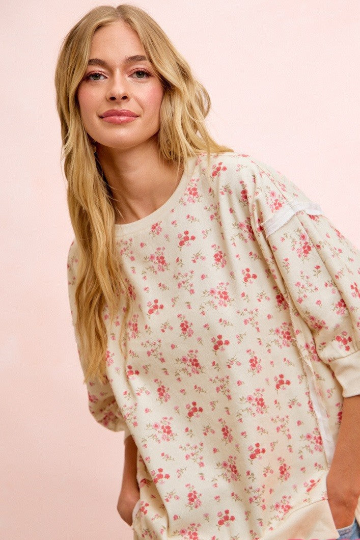 BiBi OVERSIZED Washed Twill Floral Print Top in Cream/Red Floral