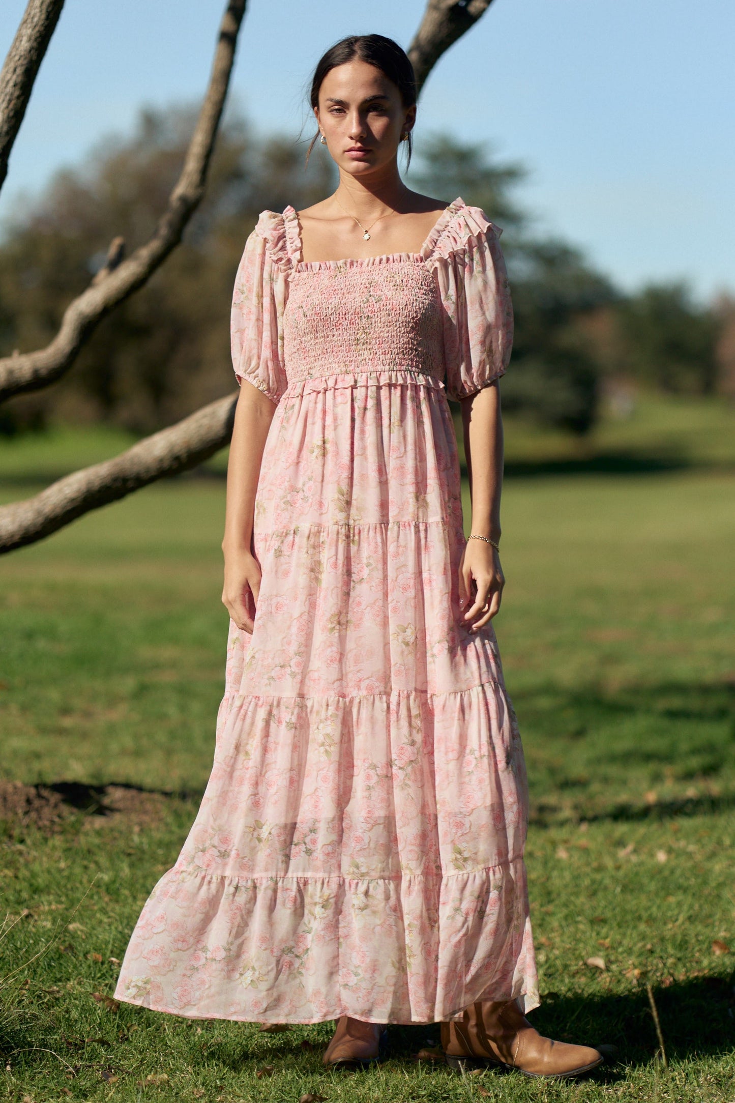 Davi & Dani Smocked Bodice Floral Print Maxi Dress in Pink