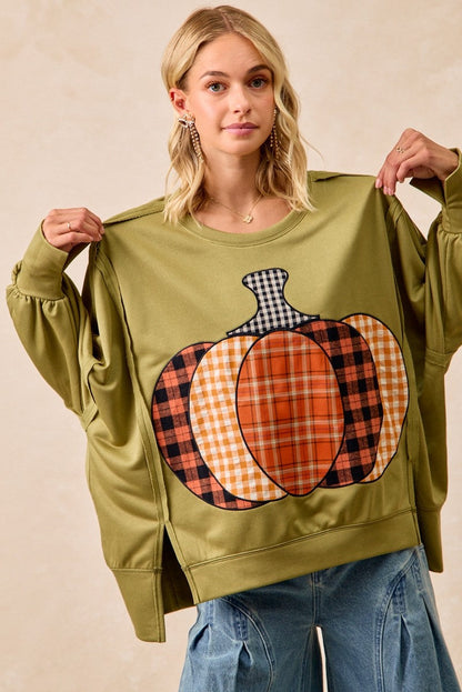 BiBi OVERSIZED Plaid Pumpkin Patch French Terry Top in Olive