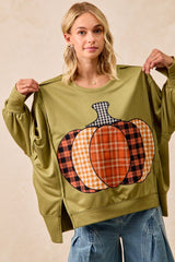 BiBi OVERSIZED Plaid Pumpkin Patch French Terry Top in Olive