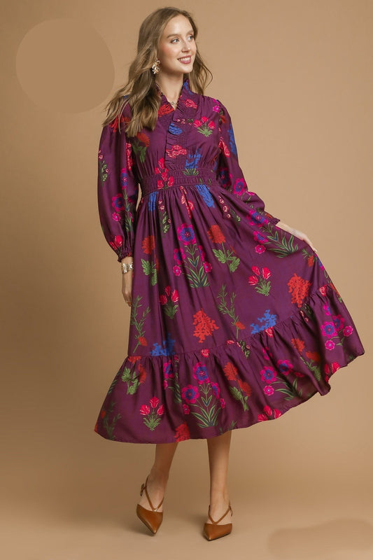 Umgee Mixed Floral Print Midi Dress in Burgundy Mix