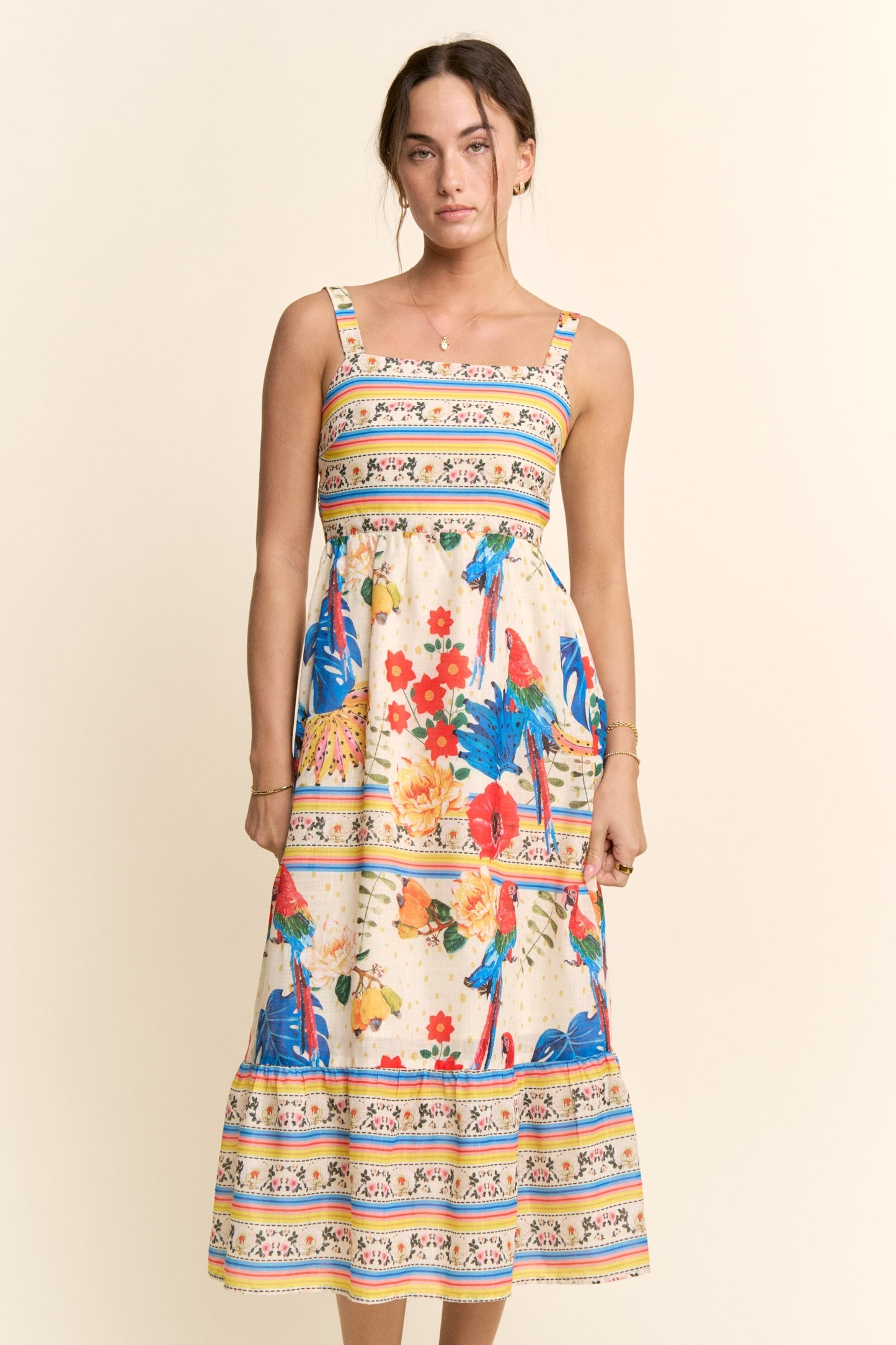 Davi & Dani Parrot Print Maxi Dress in Cream Beige Multi