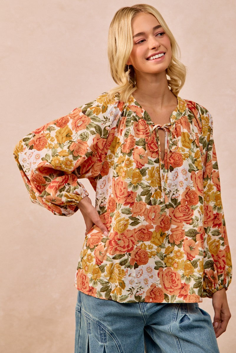 BiBi Rose Floral Mix Print Exaggerated Balloon Sleeve Top in Floral