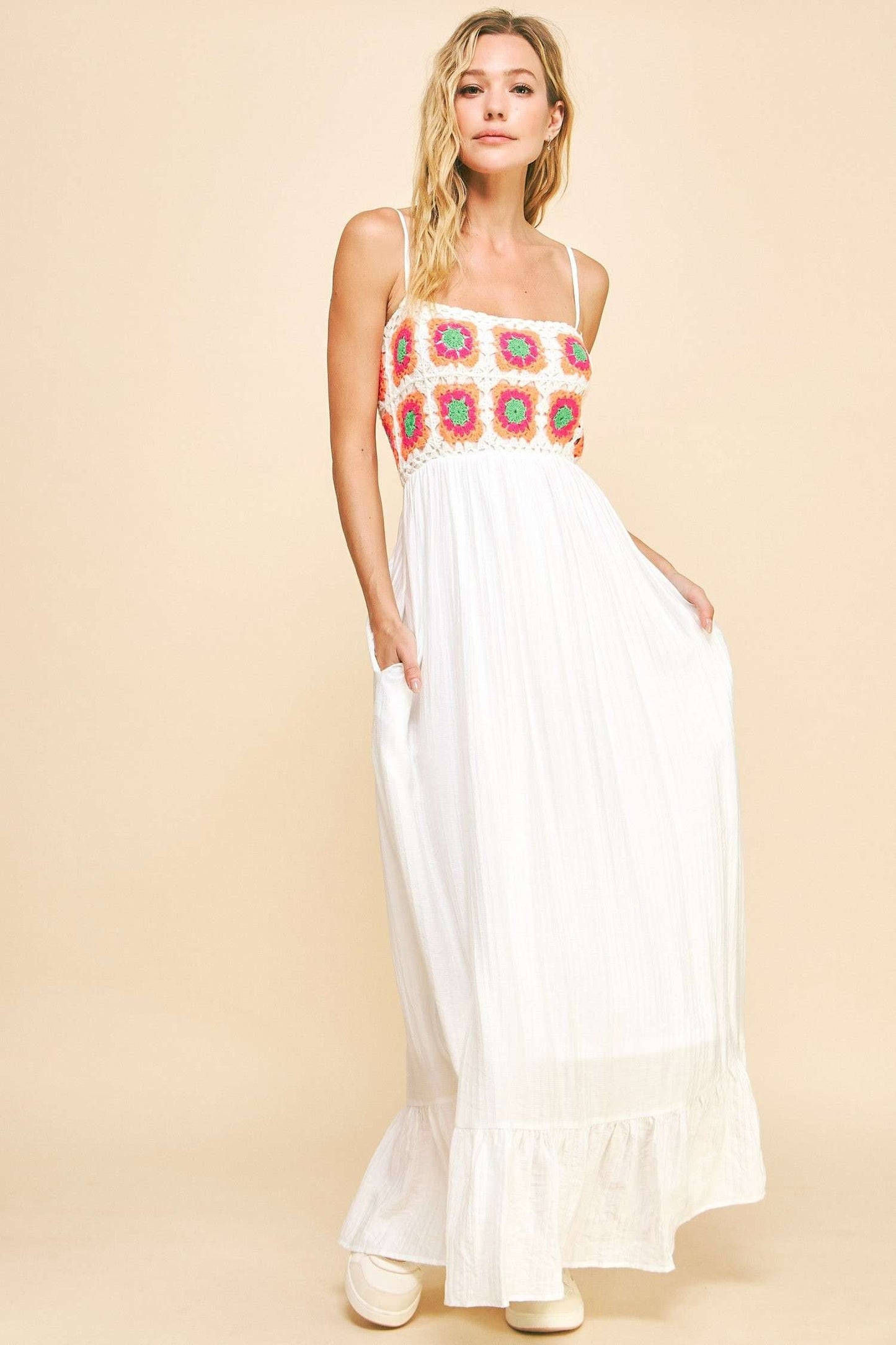 Davi & Dani Crochet Bodice Maxi Dress in White
