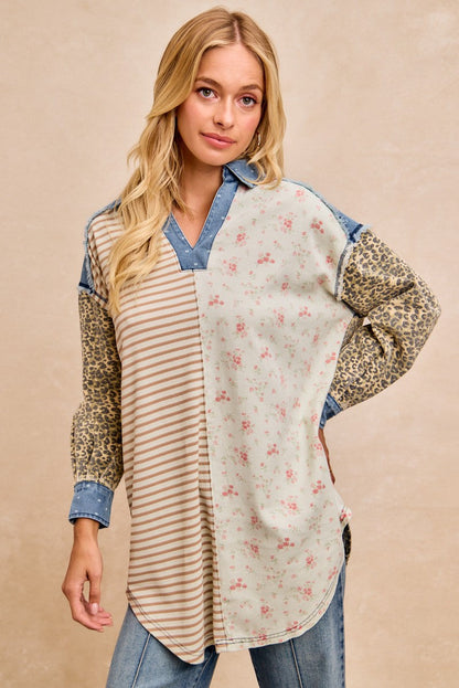 BiBi Mix N Match Long Tunic Top in Ivory/Latte Stripes