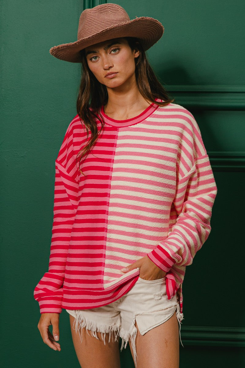 BiBi Striped Ribbed Textured Top in Red/Pink Combo