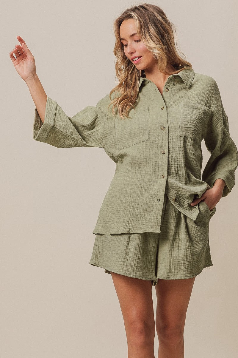 BiBi Crinkle Gauze Shirt And Short Set in Sage