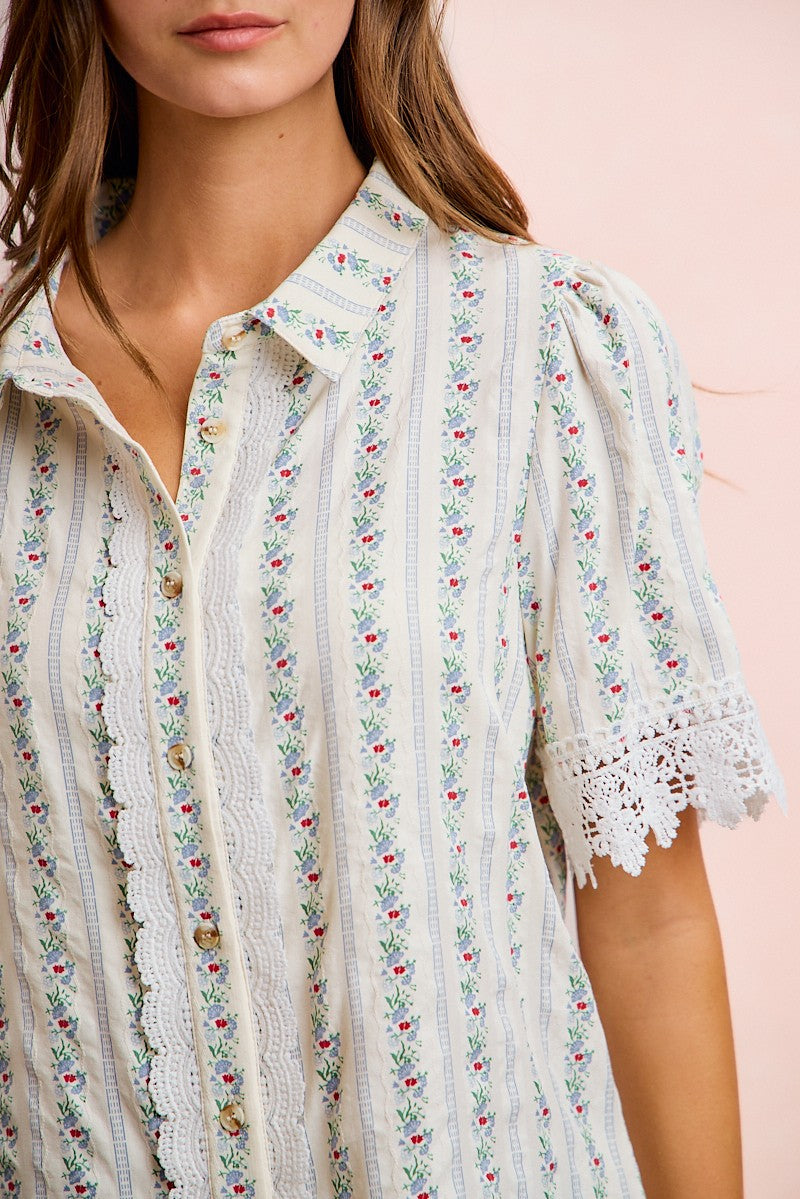 BiBi Floral Print Crinkle Top with Lace Details in Ivory Multi