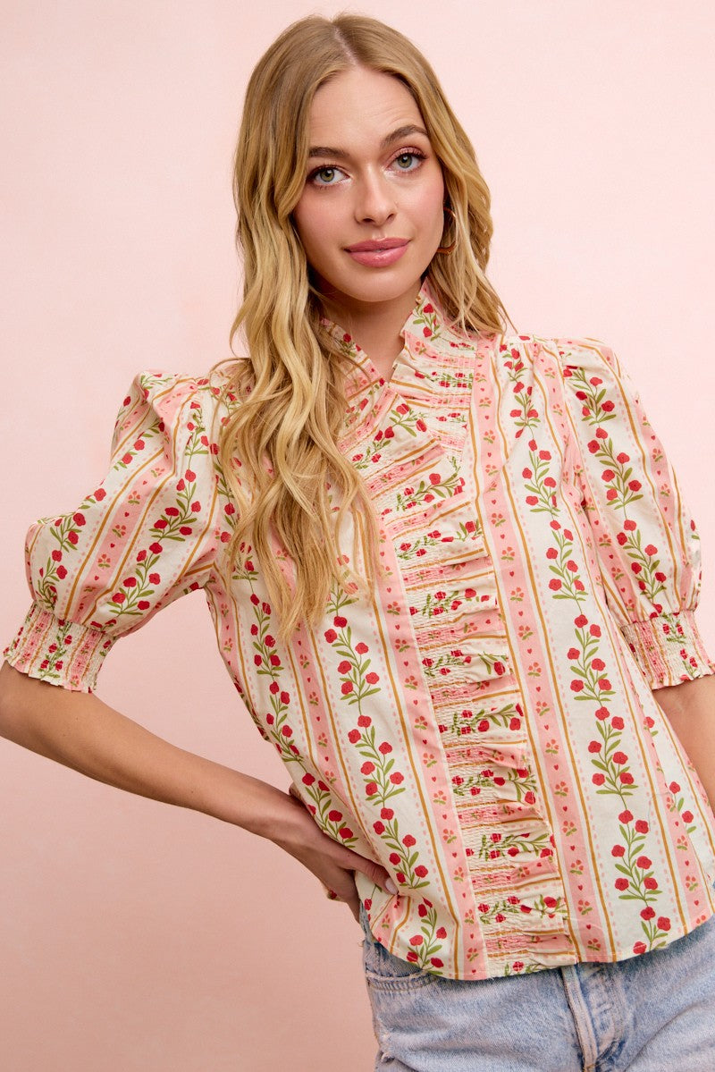 BiBi Floral Printed Ruffled Puff Sleeve Top in Red