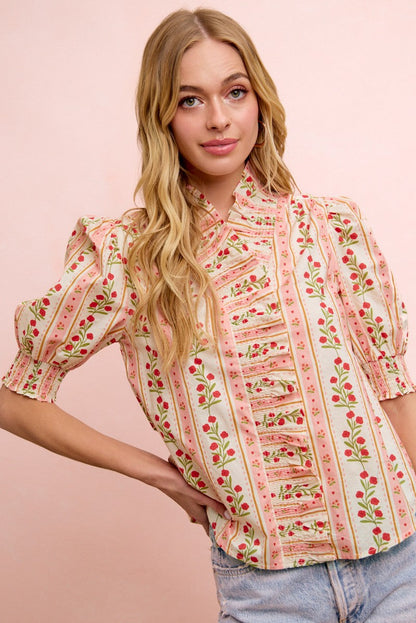 BiBi Floral Printed Ruffled Puff Sleeve Top in Red