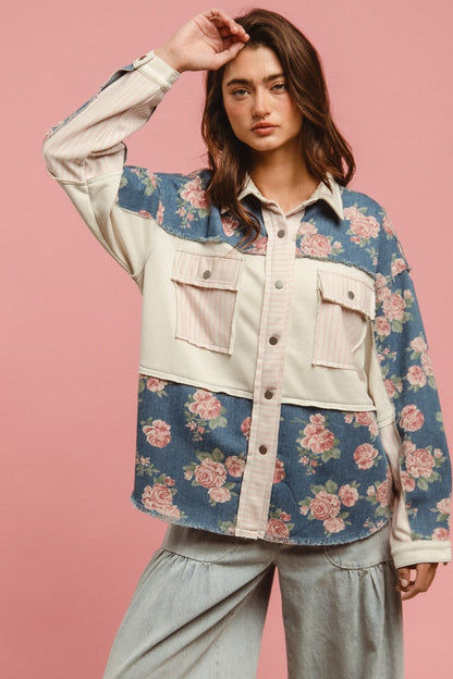 BiBi Printed Denim and Mix n Match Fabric Top in Denim Mix
