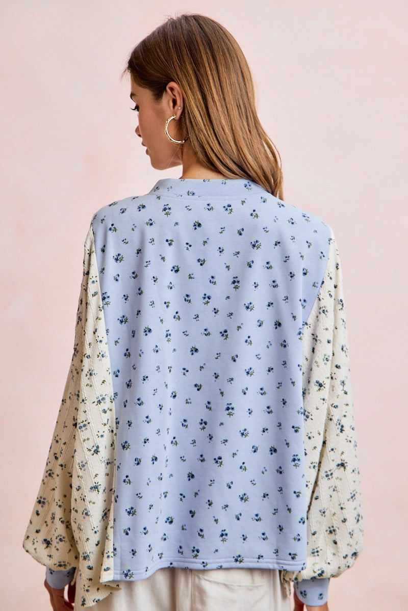 BiBi Floral Print Mix N Match Henley Top in Light Blue