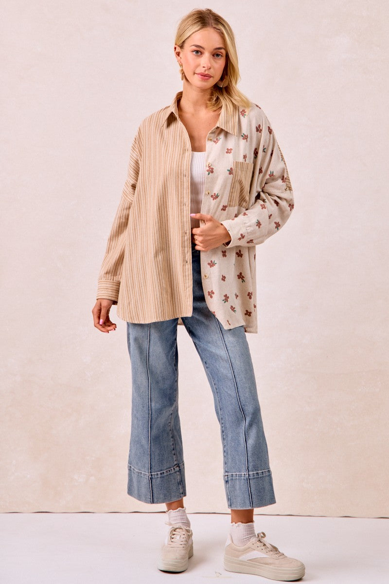 BiBi OVERSIZED Mix n Match Stripes and Floral Print Top in Taupe/Terracotta
