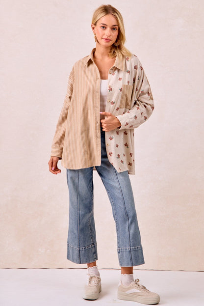BiBi OVERSIZED Mix n Match Stripes and Floral Print Top in Taupe/Terracotta