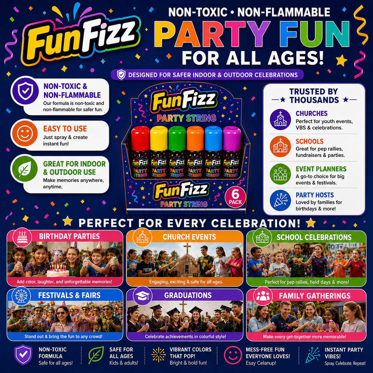 FunFizz Party String Spray (6 Pack) – Non-Toxic Color String Aerosol for Birthday Parties, Weddings, Celebrations, School Events & Festive Occasions