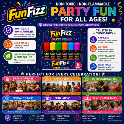 FunFizz Party String Spray (6 Pack) – Non-Toxic Color String Aerosol for Birthday Parties, Weddings, Celebrations, School Events & Festive Occasions