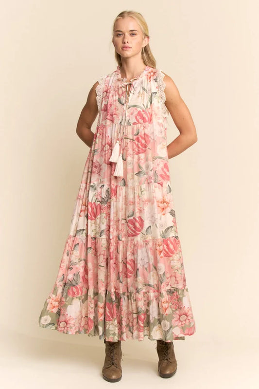 Davi & Dani Floral Maxi Dress with Lace Trim in Floral Multi