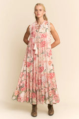 Davi & Dani Floral Maxi Dress with Lace Trim in Floral Multi