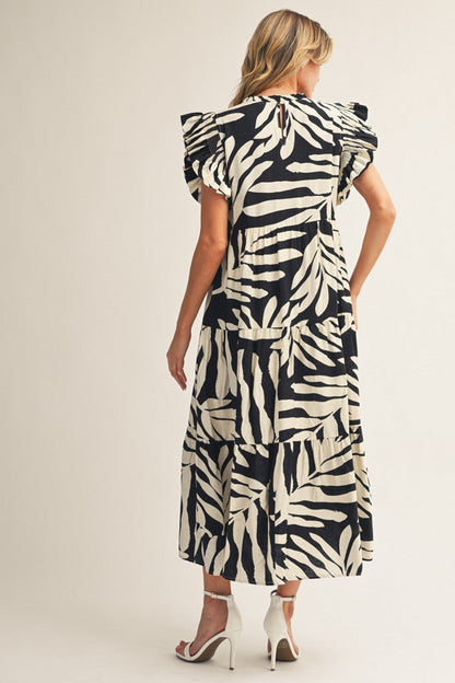 Jodifl Tropical Palm Print Tiered Midi Dress in Black
