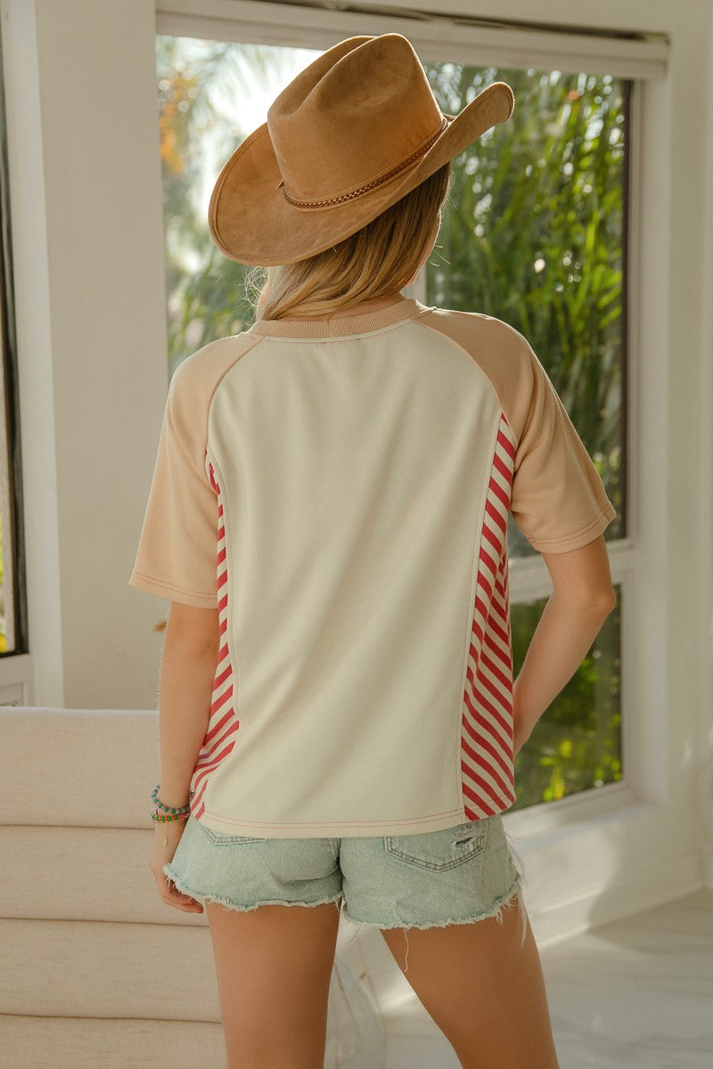 BiBi Fitted Denim Star Patched Top with Stripe Details in Cream/Latte/Red