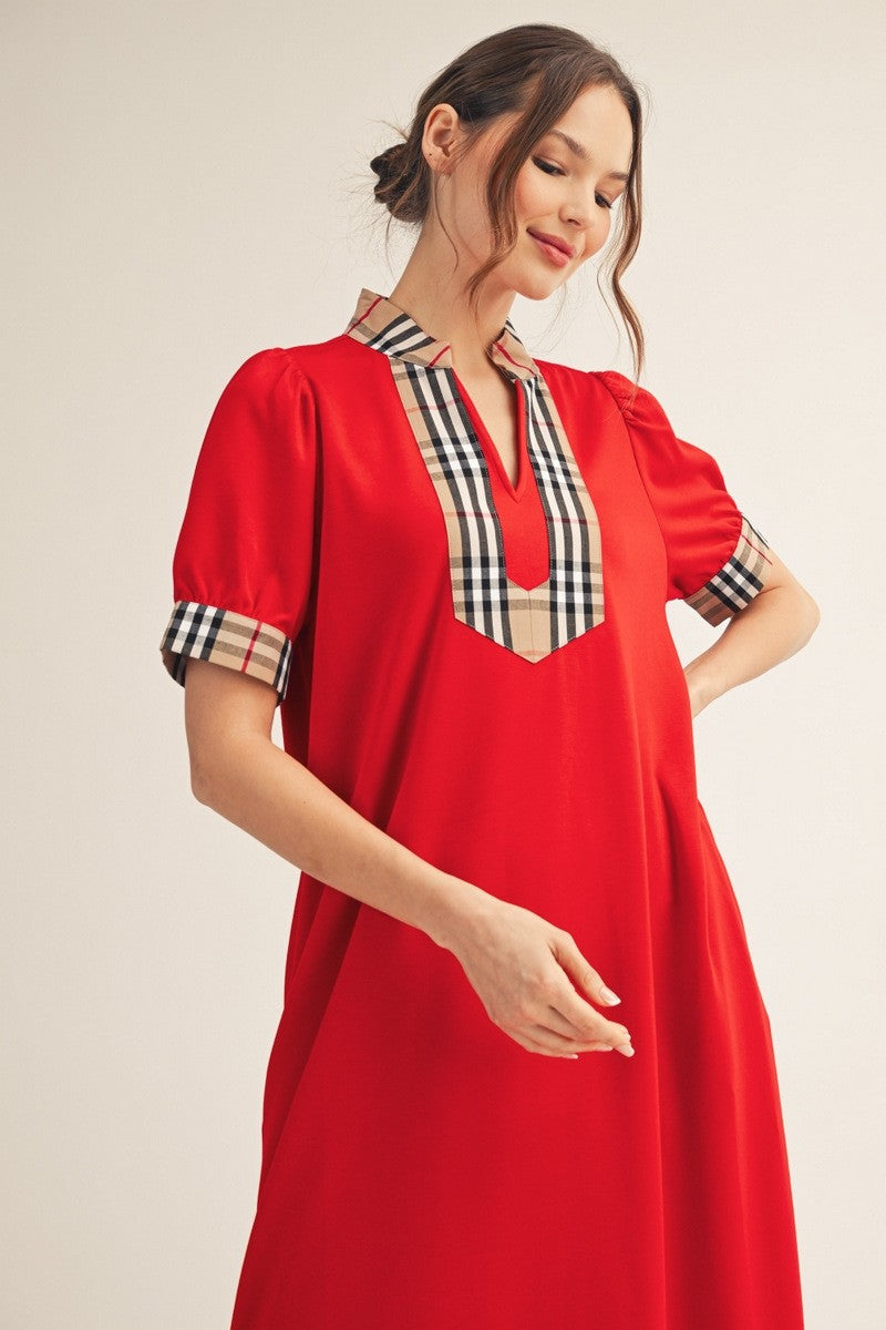 Jodifl Solid Color Midi Dress with Contrasting Classic Check in Tomato Red ON ORDER