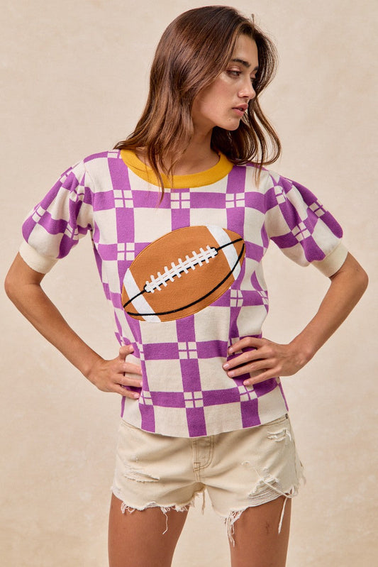 BiBi Knit Sweater Checkered Pattern Top with Football Patched Front in Purple/Gold