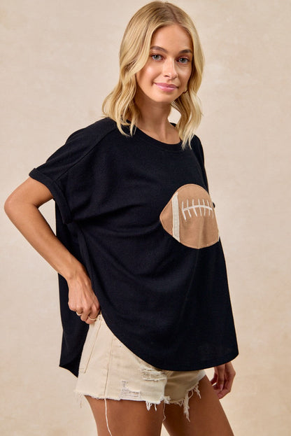 BiBi Solid Color Waffle Knit Top with Football Patch Front in Black
