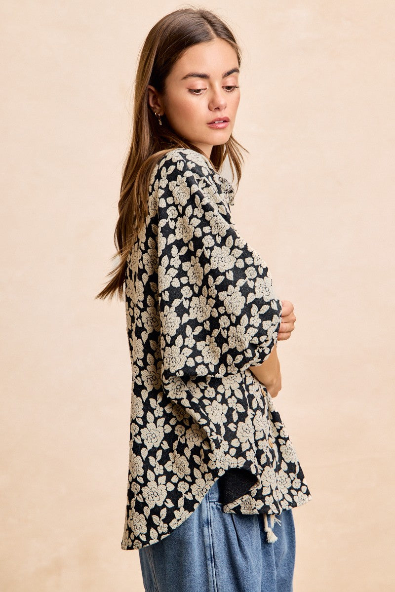 BiBi Floral Jacquard Dolman Sleeve Top in Black/Light Grey