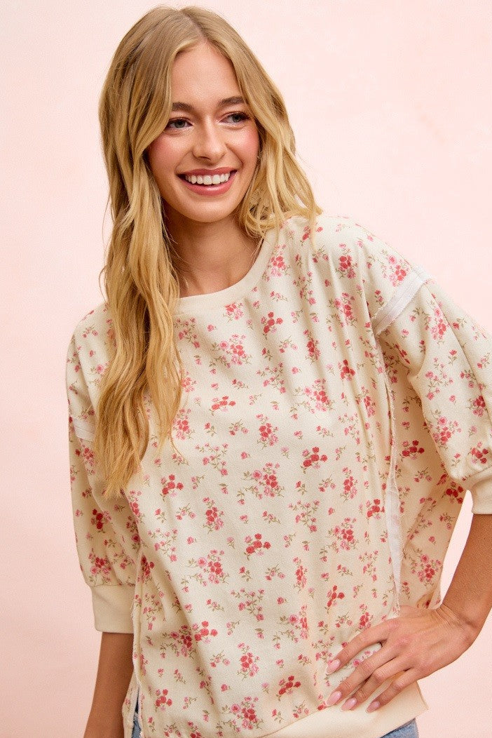 BiBi OVERSIZED Washed Twill Floral Print Top in Cream/Red Floral