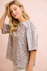 BiBi Leopard Terry Knit Side Detail Short Sleeves Top in Leopard