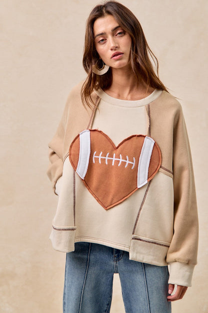 BiBi Color Block Fleece Top with Heart Football Patched Front in Oatmeal/Latte