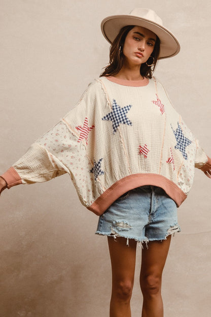 BiBi Solid Color and Floral Print Crinkle Gauze Top with Contrasting Gingham Star Patches in Oatmeal
