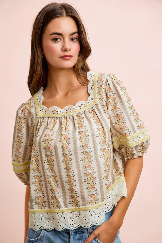 BiBi Floral Stripe Printed Lace Trim Detail Top in Cream