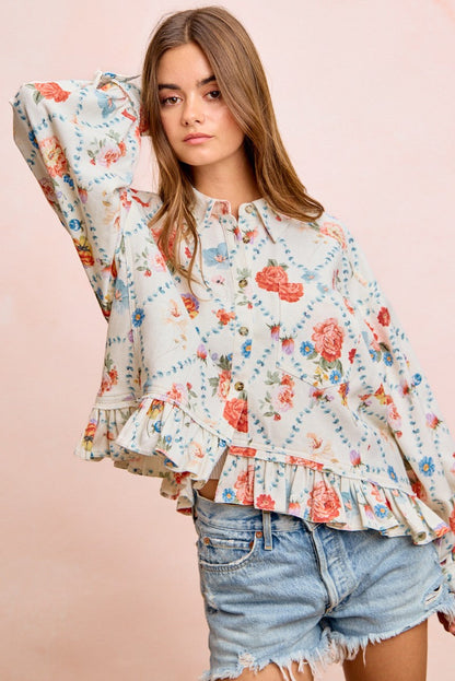 BiBi Floral Ruffle Hem Button-Up Blouse