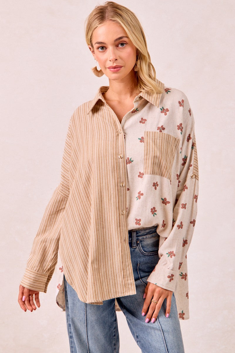 BiBi OVERSIZED Mix n Match Stripes and Floral Print Top in Taupe/Terracotta