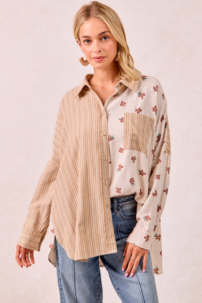 BiBi OVERSIZED Mix n Match Stripes and Floral Print Top in Taupe/Terracotta