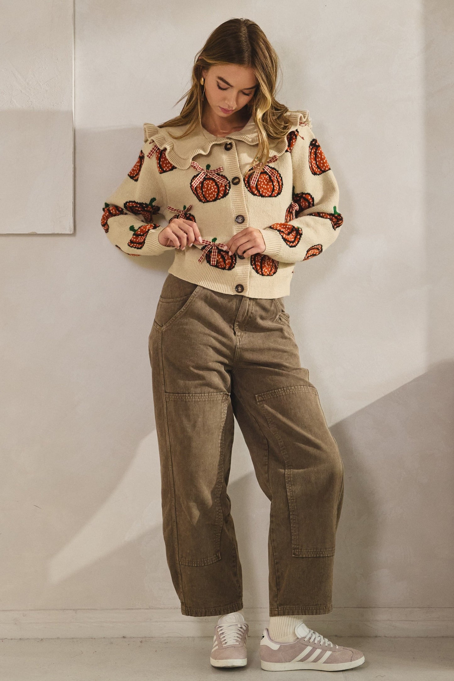 LovLov Sailor Collar Pumpkin with Ribbon Cardigan in Oatmeal ON ORDER