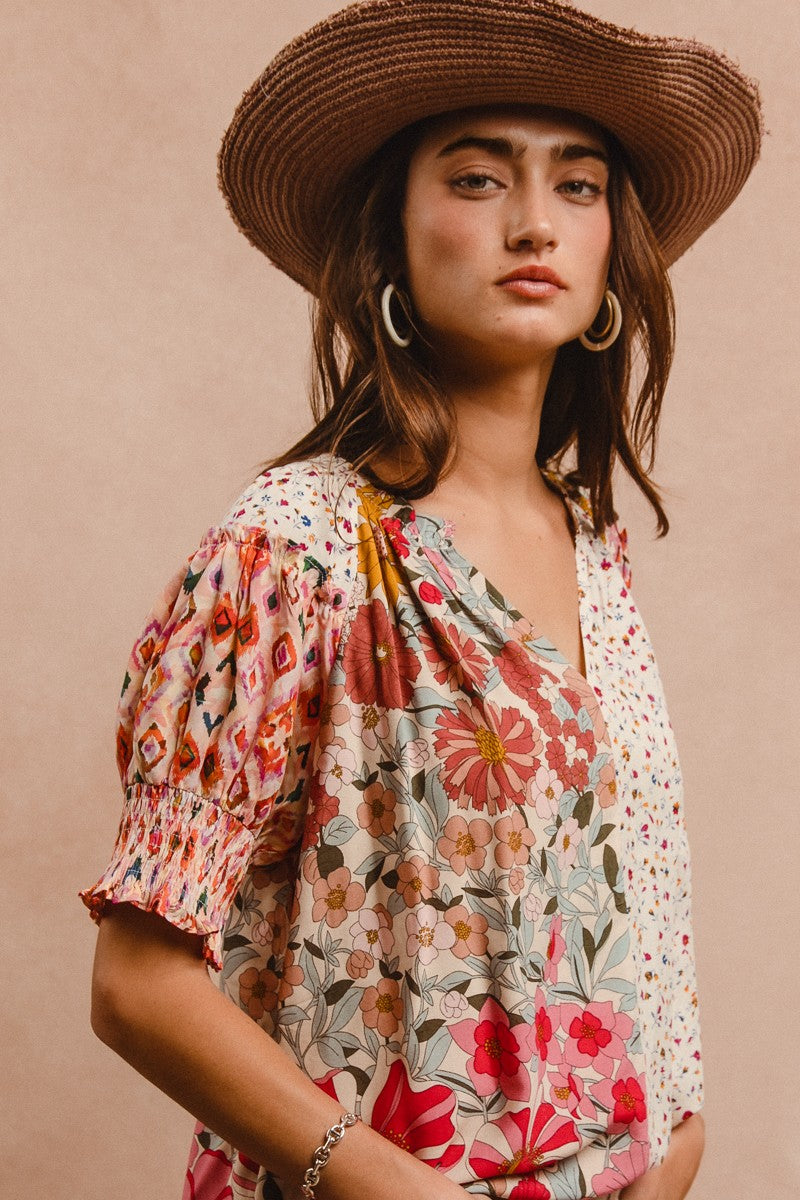 BiBi Mix N Match Woven Peasant Top in Rose Mix