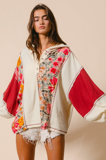 BiBi Mixed Floral and Solid Knit Hooded Top in Oatmeal/Rust