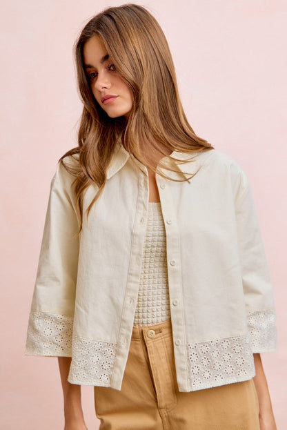 BiBi Eyelet Lace Hem Quarter Sleeve Top in Butter