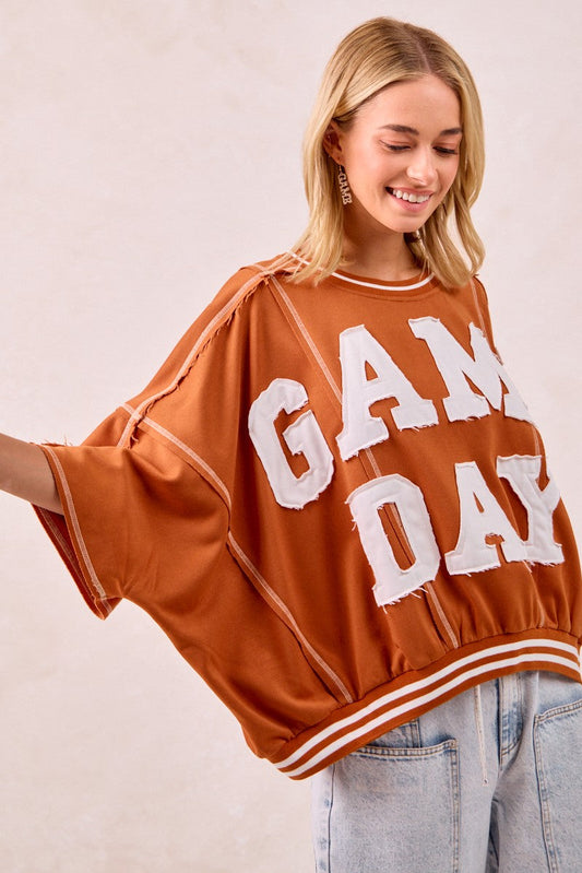 BiBi OVERSIZED French Terry Top with GAME DAY Letter Patchwork Front in Burnt Orange/White
