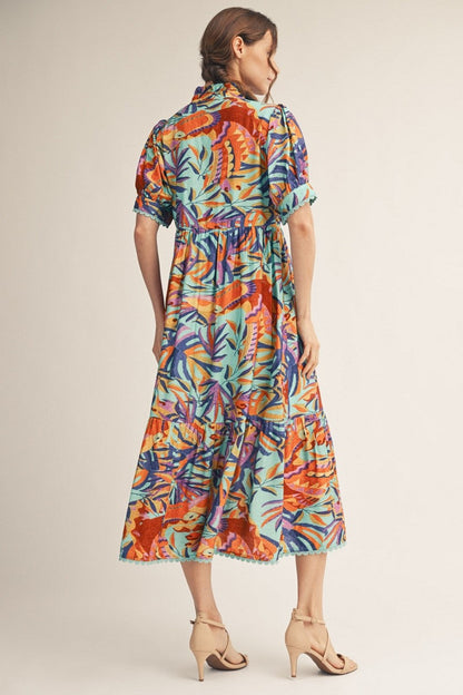 Jodifl Tropical Print Midi Dress with Scalloped Trim Detail in Aqua Blue
