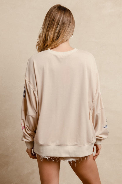 BiBi OVERSIZED French Terry Top with Mixed Print USA and Star Patches in Oatmeal