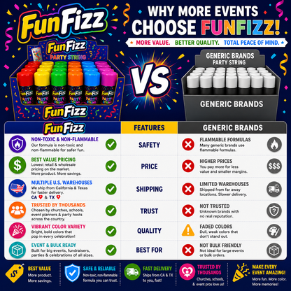 FunFizz Silly Party String Spray (96-Pack Bulk Case) – Non-Toxic Color String for School Events, Field Days, Carnivals, Birthday Parties, Weddings & Large Celebrations