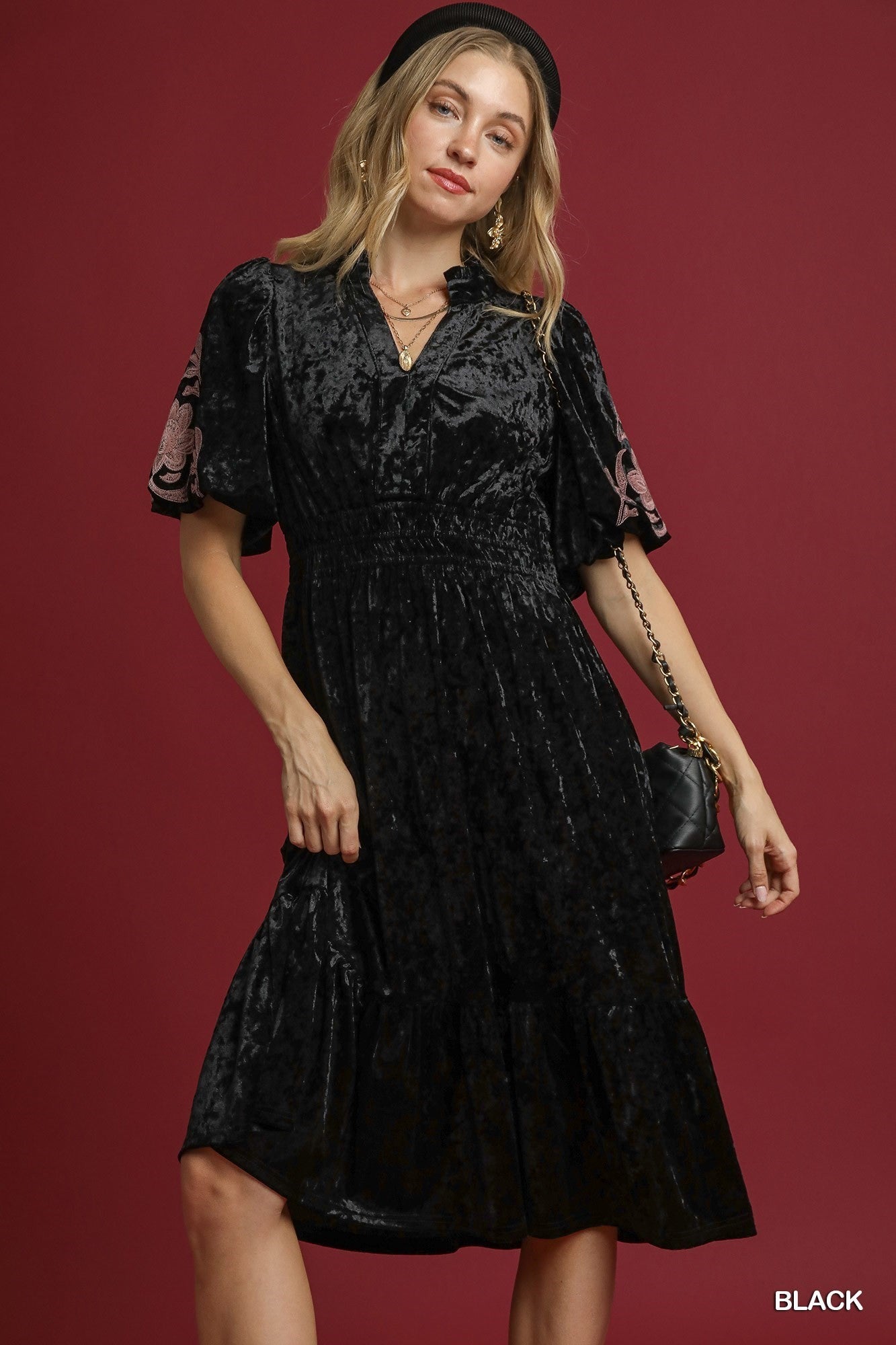 Umgee Velvet Smocked Midi Dress in Black