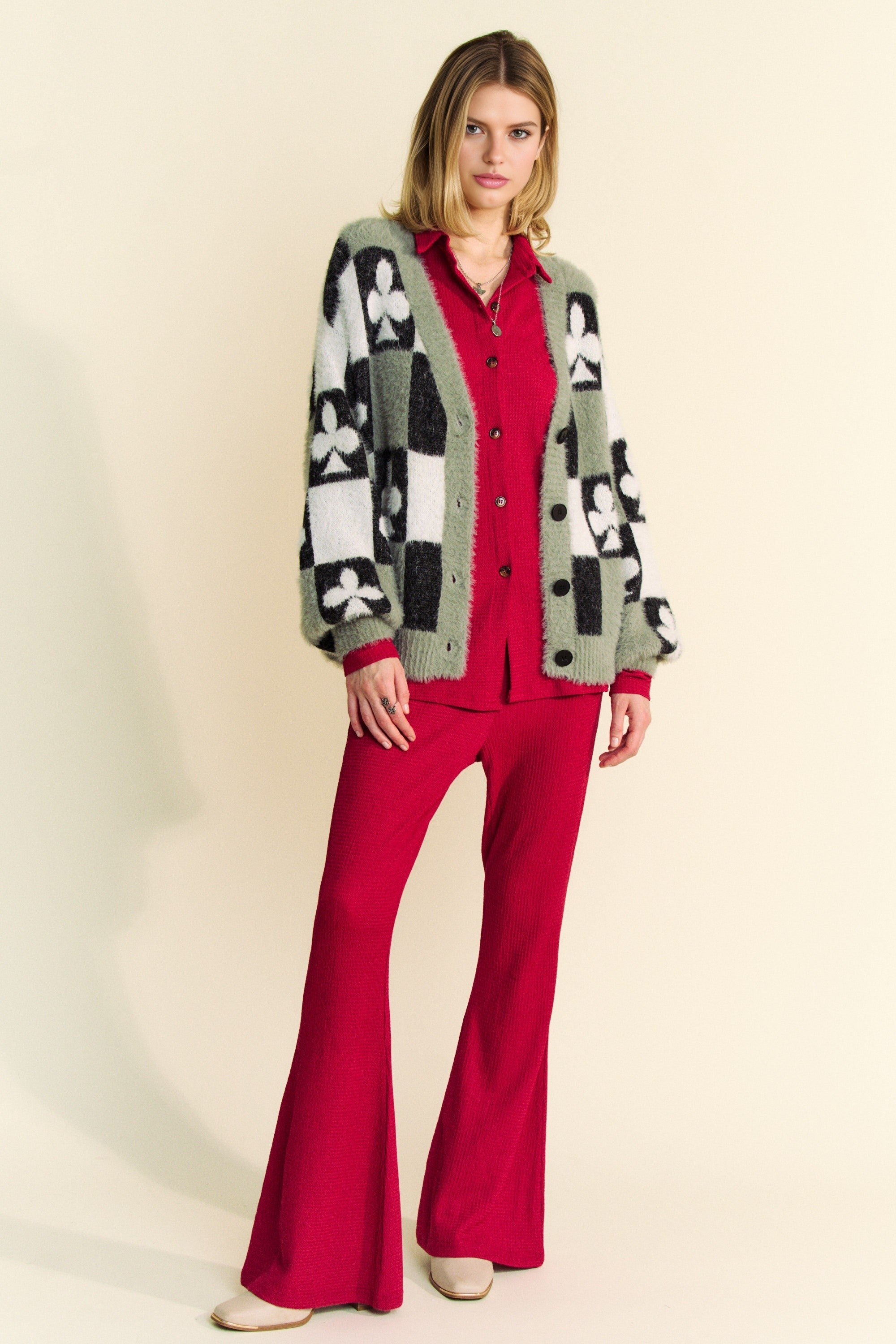 Davi & Dani Front Button Down Cardigan with Checkered & Clover Print in Black Beige FINAL SALE