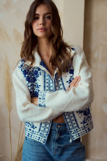 LovLov Solid Color Front Zip Cardigan With Contrasting Mix Prints in Ivory